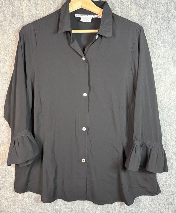Gretchen Scott Designs Tops - Gretchen Scott Womens XL Black Polyester Button Down Blouse Bell Sleeves